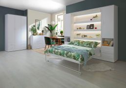 Slaapkamer compleet D Nalut in wit | 6-delig | Opklapbed 160 x 200 cm met LED verlichting | Kledingkast | Ladekast / commode