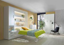 Slaapkamer compleet E Nalut | 5-delig | in wit | zwarte metalen handgrepen | opklapbed 160 x 200 cm met LED verlichting | kledingkast | ladekast / commode