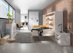 Slaapkamer compleet - Set F Nalut | 5-delig | in wit met zwarte metalen handgrepen | Opklapbed 140 x 200 cm met LED verlichting | Nachtkastje | Kledingkast | Ladekast / commode