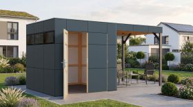Tuinhuis Lounge Frankfurt 01 met aanbouwdak / aanbouwdak / grondoppervlakte 10,5 m² / Grijs / antraciet / Prefab elementen tuinhuis / HPL-gevelpanelen