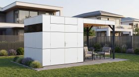 Tuinhuis Lounge Frankfurt 01 met aanbouwdak / Prefab elementen tuinhuis / HPL-gevelpanelen / Wit / antraciet / Aanbouwdak / Grondoppervlakte 10,5 m²