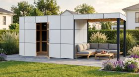 Tuinhuis Lounge Frankfurt 02 met aanbouwdak / aanbouwdak / HPL-gevelpanelen / grondoppervlakte 13,12 m² / Wit / antraciet / prefab elementen tuinhuis