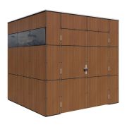 Tuinberging / fietsenberging in kleur walnoten, drie x ramen, 2,31 x 2,29 meter, prefab elementen berging, grondoppervlakte: 5,29 m², plat dak