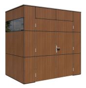 Moderne tuinberging / tuinhuis / gereedschapsschuur, prefab elementen berging in kleur walnoten, dubbele ramen, grondoppervlakte: 3,51 m², plat dak