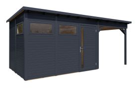 Tuinhuis / berging met (L/R) aanbouw dak, incl. vloer, modern tuinhuis in antraciet, prefab elementen berging, grondoppervlakte: 13.08 m², plat dak