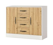 Ladekast / commode in eiken / wit / zwart | 120 x 40 x 95 cm | 2 deuren | 4 lades | 4 schappen | 6 vakken | metalen handgrepen | Nalut 03