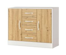 Ladekast / commode in eiken / wit | 120 x 40 x 95 cm | 2 deuren | 4 lades | 4 schappen | 6 vakken | witte metalen handgrepen | Nalut 03