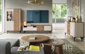 Woonkamer complete set A Belladere | 5-delig | notenhout/kasjmier | ABS-randen | 1 vitrine kast | 1 TV-onderkast | 1 ladekast / commode | 2 salontafels