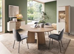 Eetkamer-compleetset B Belladere | 3-delig | notenhout/kasjmier | ABS-randen | 1 vitrine kast | 1 ladekast / commode | uitschuifbare eettafel