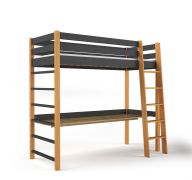 Hoogslaper / functioneel bed met bureau Analena 01, kinderbed in zwart / naturel eiken, massief grenen hout, matrasmaat: 80 x 190 cm, inclusief lattenbodem