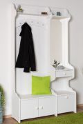 Grote witte garderobe kapstok 29B met spiegel massief grenen hout, 200 x 114 x 37 cm, 5 haken, 1 lade, zeer ruim, praktische opbergruimte, hoogwaardige afwerking