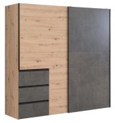 Schuifdeurkast / kledingkast Pibor 23, kleur: eiken / donkergrijs - Afmetingen: 201 x 200 x 61 cm (H x B x D)
