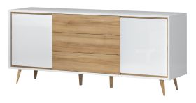 dressoir / ladekast Tuanai 05, kleur: eiken / wit hoogglans - 78 x 180 x 47 cm (h x b x d)