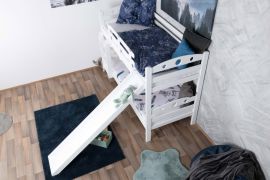 Wit stapelbed met glijbaan 90 x 190 cm, massief beukenhout wit gelakt, deelbaar in twee eenpersoonsbedden, "Easy Premium Line" K27/n
