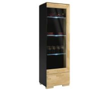 Vitrine "Lipik" 03, kleur: eiken / zwart, deels massief, rechtsdraaiende deur - afmetingen: 192 x 61 x 43 cm (h x b x d)