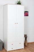 Kinderkamer - draaideurkast / kleerkast Egvad 02, kleur: wit / beuken - afmetingen: 193 x 80 x 51 cm (H x B x D), met 2 deuren, 3 laden en 1 compartiment