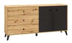 Ladekast Lassila 04, kleur: Artisan eiken / zwart - afmetingen: 83 x 165 x 40 cm (H x B x D), met 2 deuren, 3 lades en 2 vakken