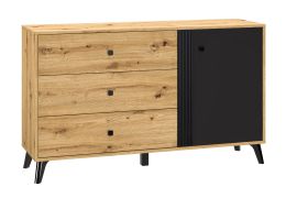 ladekast Lassila 05, kleur: Artisan eiken / zwart - afmetingen: 83 x 138 x 40 cm (H x B x D), met een deur, 3 laden en 2 vakken