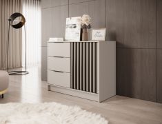 Kommode in Kaschmir Leeds 27, mit 3 Schubladen und 2 geräumigen Fächern, 86 x 105 x 45 cm, Lamellen und Griffe in Schwarz