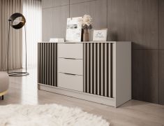 Moderner ladekast Leeds 28, kasjmier, 86 x 155 x 45 cm, langwerpige, elegante handgrepen, zwarte lamellen, 2 deuren en 3 lades