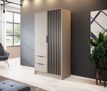 Moderne kledingkast met twee lades Leeds 29, in kasjmier met zwarte lamellen, 200 x 105 x 51 cm, 5 vakken, 1 kledingstang