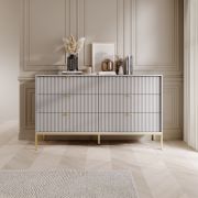 Moderne ladekast / commode met 6 lades Worthing 64, kleur: grijs / goud, 91 x 154 x 39 cm, geribbelde fronten, veel opbergruimte, elegant design, duurzaam
