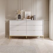 Moderne ladekast / commode met 6 lades Worthing 64, kleur: wit / goud, 91 x 154 x 39 cm, geribbelde fronten, veel opbergruimte, elegant design, duurzaam