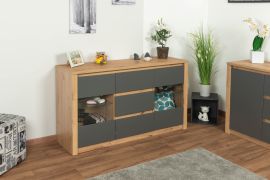 Vitrine kast Faleula 01, kleur: eiken / grijs - 79 x 140 x 43 cm (H x B x D)