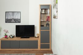 Vitrine kast Faleula 02, kleur: eiken / grijs - 196 x 50 x 43 cm (H x B x D)