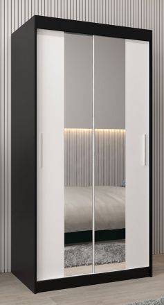 Schuifdeurkast / kledingkast Bisaurin 1B met spiegel, kleur: Zwart / mat wit - Afmetingen: 200 x 100 x 62 cm ( H x B x D)