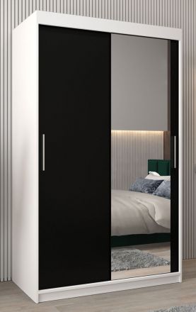 Schuifdeurkast / kledingkast Bisaurin 2C met spiegel, kleur: mat wit / Zwart - Afmetingen: 200 x 120 x 62 cm ( H x B x D)