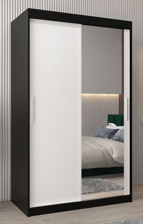 Schuifdeurkast / kledingkast Bisaurin 2C met spiegel, kleur: Zwart / mat wit - Afmetingen: 200 x 120 x 62 cm ( H x B x D)