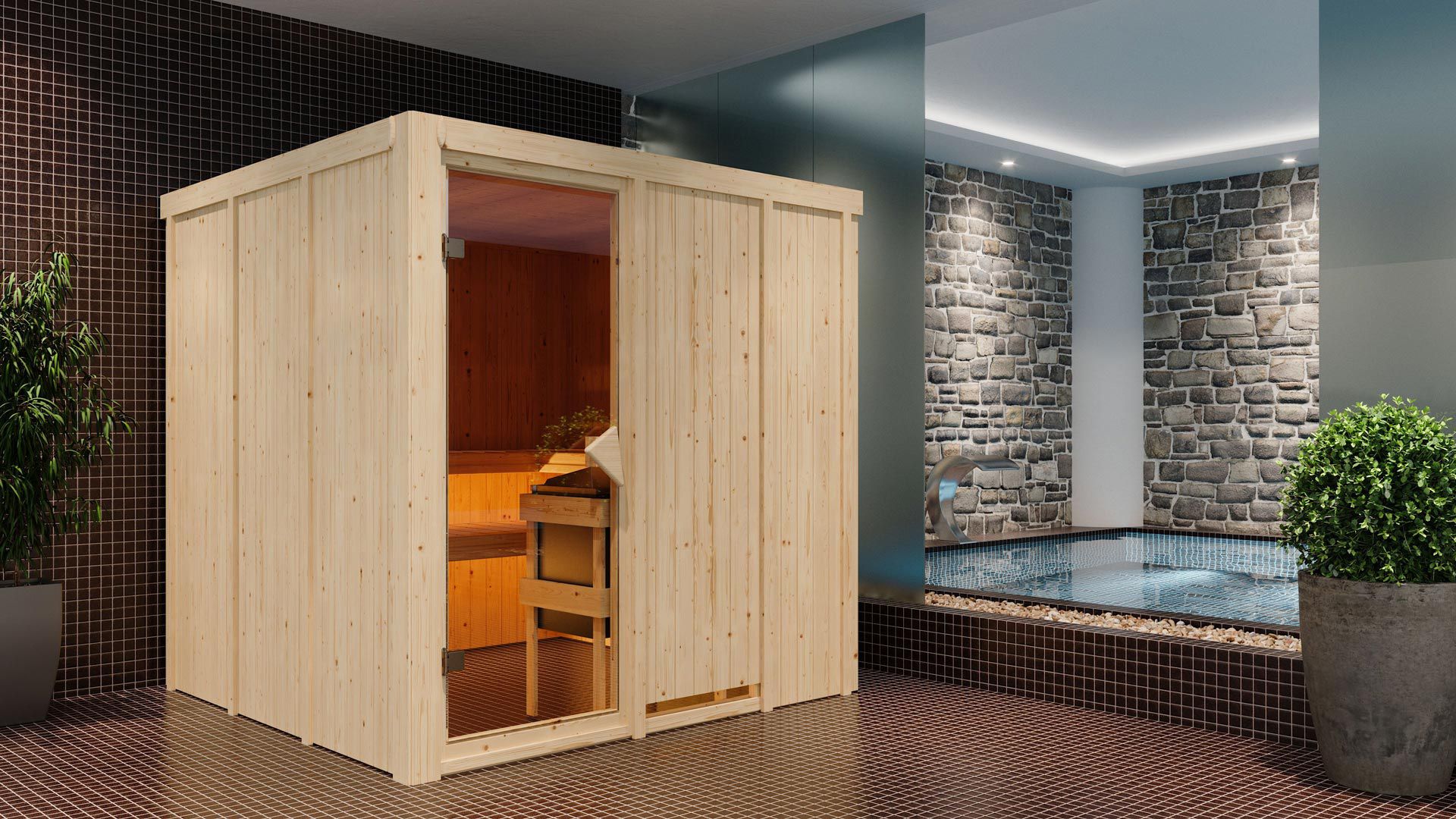 Aleksi" sauna met bronskleurige deur - kleur: naturel - 196 x 196 x 198 cm (B x D x H)