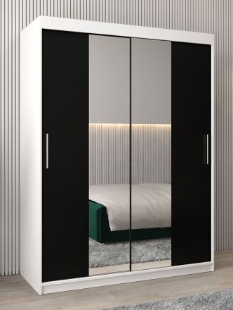 Schuifdeurkast / kledingkast Bisaurin 3B met spiegel, kleur: mat wit / Zwart - Afmetingen: 200 x 150 x 62 cm ( H x B x D)