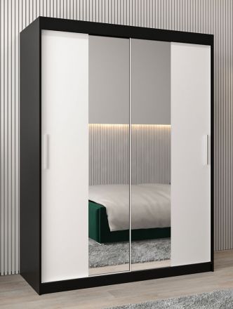 Schuifdeurkast / kledingkast Bisaurin 3B met spiegel, kleur: Zwart / mat wit - Afmetingen: 200 x 150 x 62 cm ( H x B x D)