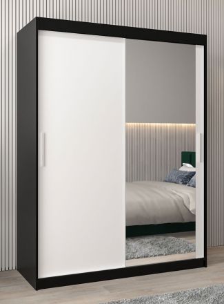 Schuifdeurkast / kledingkast Bisaurin 3C met spiegel, kleur: Zwart / mat wit - Afmetingen: 200 x 150 x 62 cm ( H x B x D)