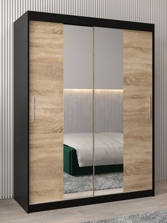 Schuifdeurkast / kledingkast Bisaurin 3B met spiegel, kleur: zwart / eiken Sonoma - Afmetingen: 200 x 150 x 62 cm ( H x B x D)