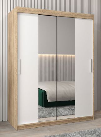Schuifdeurkast / kledingkast Bisaurin 3B met spiegel, kleur: sonoma eiken / mat wit - afmetingen: 200 x 150 x 62 cm ( H x B x D)