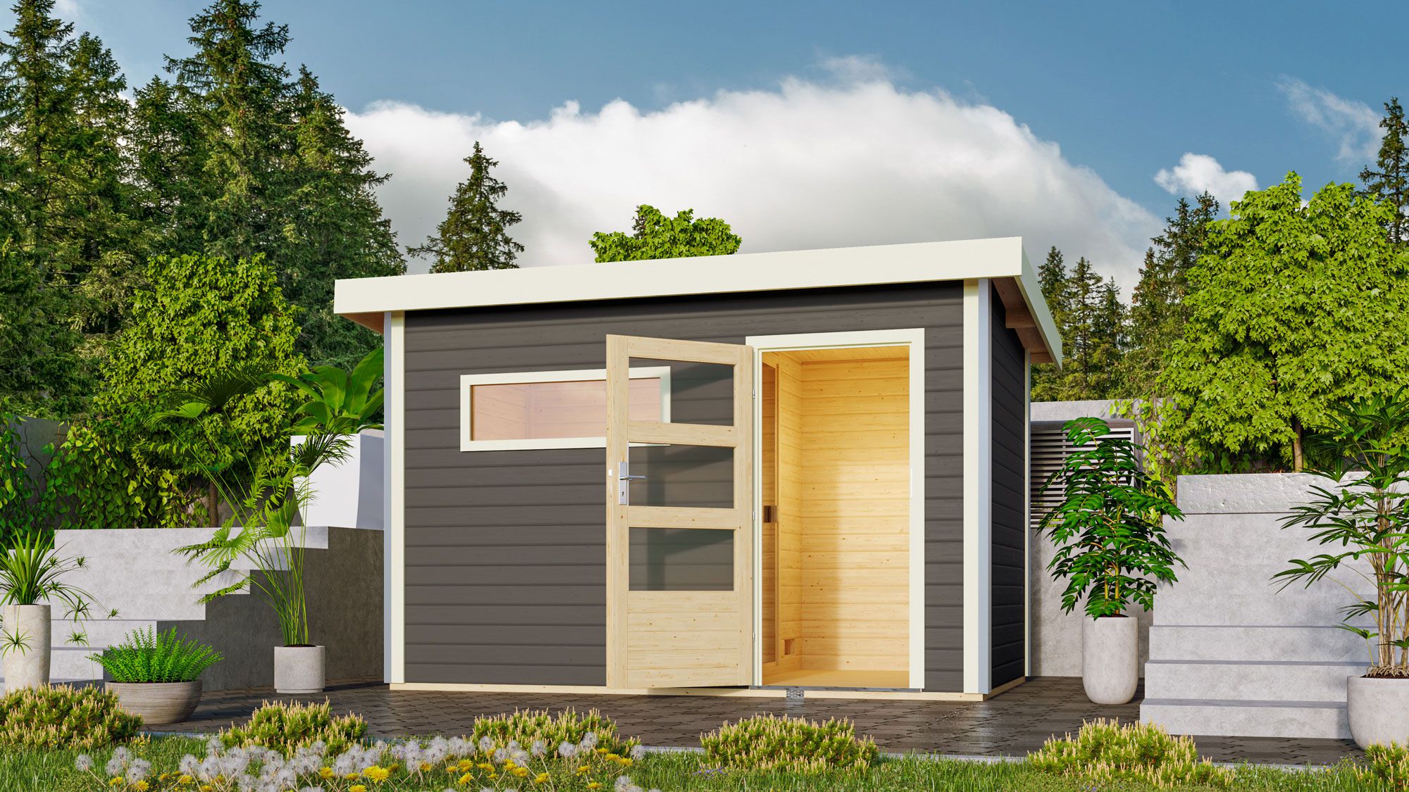 Saunahuis "Linnea 1" SET met kachel 9 kW, moderne deur & raam, kleur: terra grijs, met - 336 x 196 cm (B x D), vloeroppervlak: 6 m².