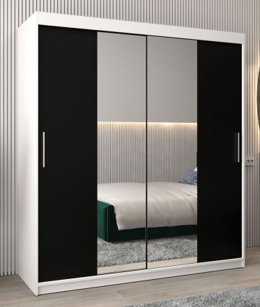 Schuifdeurkast / kledingkast Bisaurin 4B met spiegel, kleur: mat wit / Zwart - Afmetingen: 200 x 180 x 62 cm ( H x B x D)