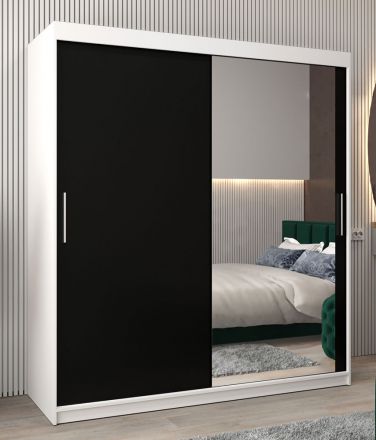 Schuifdeurkast / kledingkast Bisaurin 4C met spiegel, kleur: mat wit / Zwart - Afmetingen: 200 x 180 x 62 cm ( H x B x D)