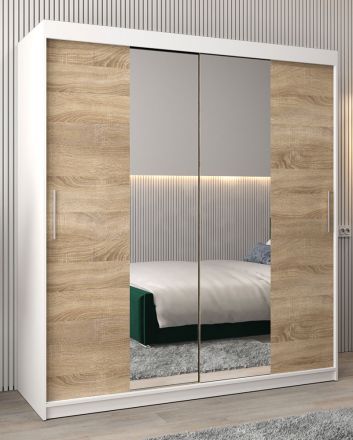 Schuifdeurkast / kledingkast Bisaurin 4B met spiegel, kleur: mat wit / sonoma eiken - Afmetingen: 200 x 180 x 62 cm ( H x B x D)