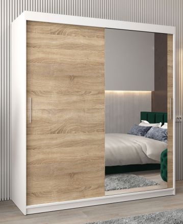 Schuifdeurkast / kledingkast Bisaurin 4C met spiegel, kleur: mat wit / sonoma eiken - Afmetingen: 200 x 180 x 62 cm ( H x B x D)