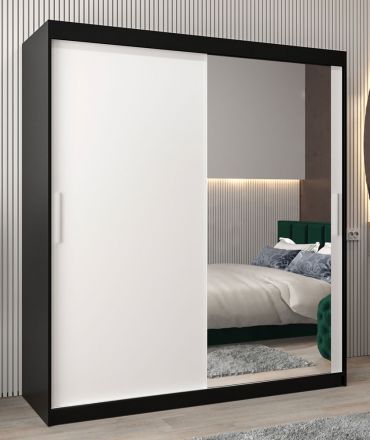 Schuifdeurkast / kledingkast Bisaurin 4C met spiegel, kleur: Zwart / mat wit - Afmetingen: 200 x 180 x 62 cm ( H x B x D)