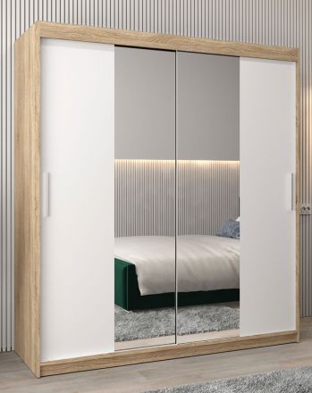 Schuifdeurkast / kledingkast Bisaurin 4B met spiegel, kleur: sonoma eiken / mat wit - afmetingen: 200 x 180 x 62 cm ( H x B x D)