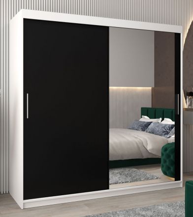 Schuifdeurkast / kledingkast Bisaurin 5C met spiegel, kleur: mat wit / Zwart - Afmetingen: 200 x 200 x 62 cm ( H x B x D)