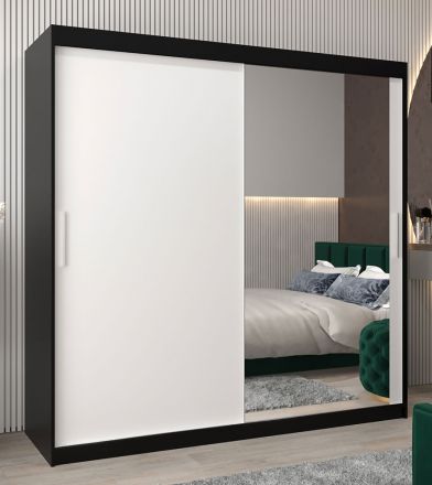 Schuifdeurkast / kledingkast Bisaurin 5C met spiegel, kleur: Zwart / mat wit - Afmetingen: 200 x 200 x 62 cm ( H x B x D)