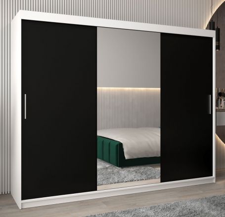 Schuifdeurkast / kledingkast Bisaurin 6B met spiegel, kleur: mat wit / Zwart - Afmetingen: 200 x 250 x 62 cm ( H x B x D)