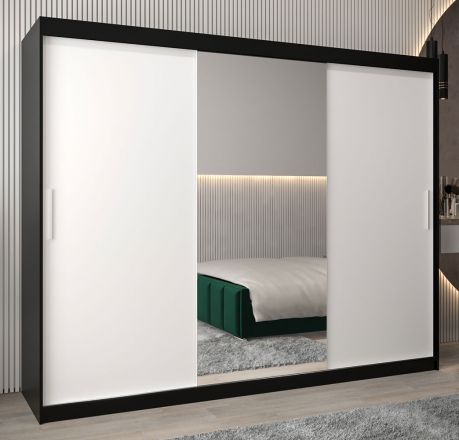 Schuifdeurkast / kledingkast Bisaurin 6B met spiegel, kleur: Zwart / mat wit - Afmetingen: 200 x 250 x 62 cm ( H x B x D)