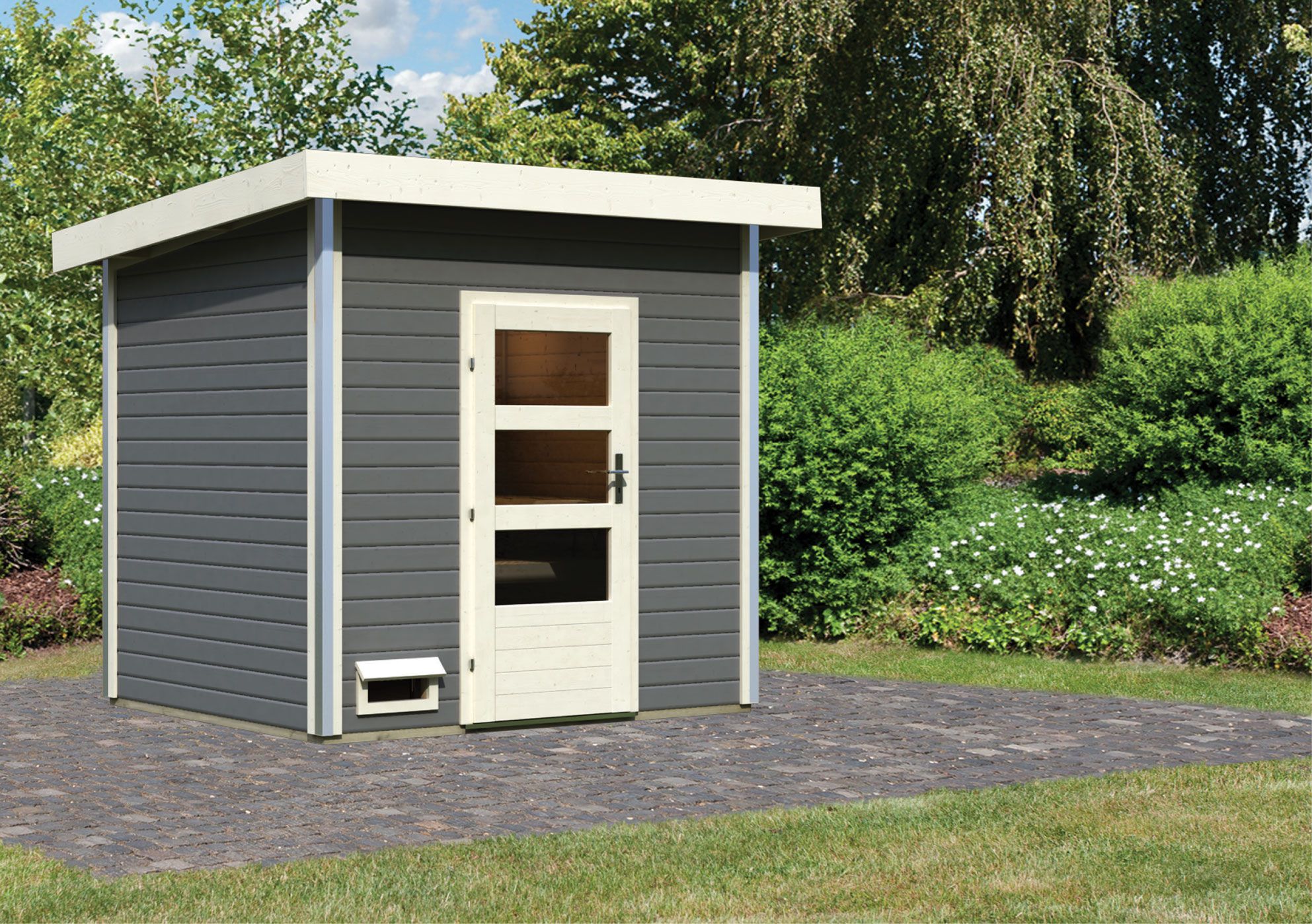 Brita" saunahuisje met moderne deur, kleur: terracotta grijs - 231 x 196 cm (B x D), vloeroppervlak: 4 m².